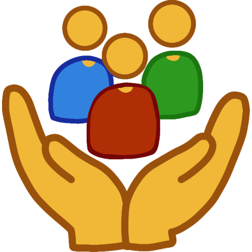 hands hovering over 3 people with red, blue, and green shirts.